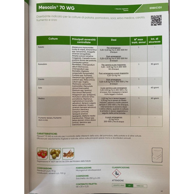 Erbicida selettivo sistemico MESOZIN 70 WG 250GR